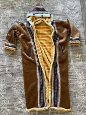 Faux Fur-Lined Hooded Robe Coat – Tribal Pattern Trim – Handmade Style